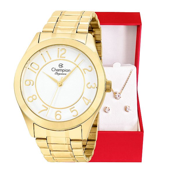 Relógio Champion Feminino Analógico Dourado CN25127W Colar e Brincos