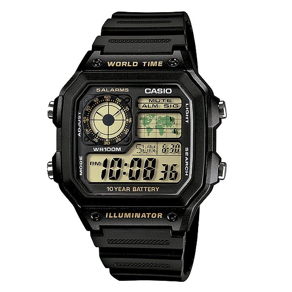 Relógio Masculino Casio Preto Hora Mundial AE-1200WH-1BVDF Prova D´Agua