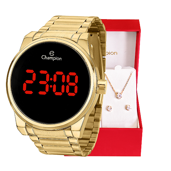 Relógio Feminino Champion Digital Dourado Led Vermelho CH40124H + Colar e Brincos