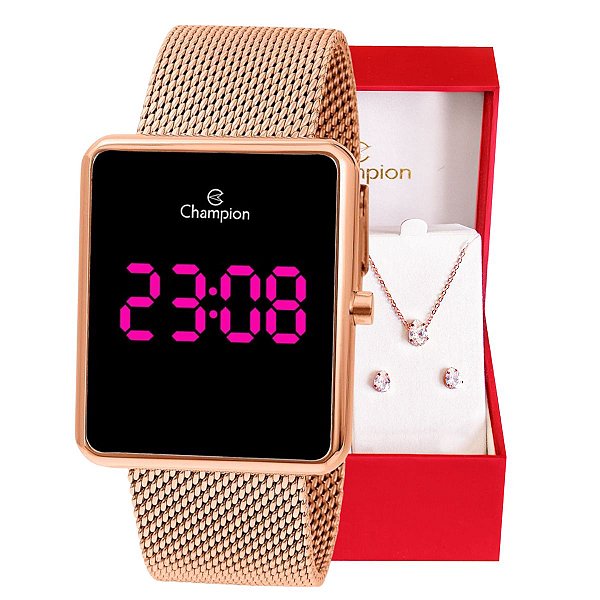 Relógio Feminino Champion Digital Quadrado Rosé CH40080H Led Rosa Colar e Brincos