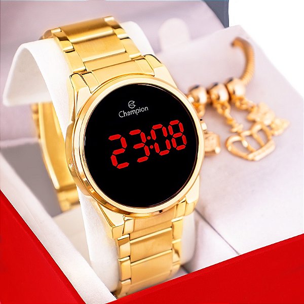 Relógio Feminino Champion Digital Dourado Led Vermelho CH40124H + Pulseira Berloques