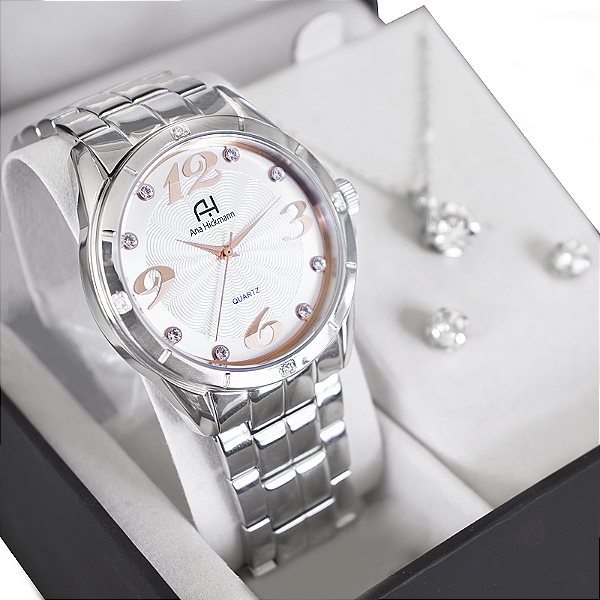 Relógio Champion Ana Hickmann Feminino Prata AH28606Q Kit Colar e Brincos