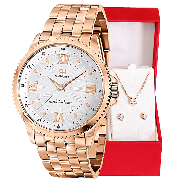 Relógio de Pulso Champion Ana Hickmann Feminino Rosé AH28722Z Colar e Brincos