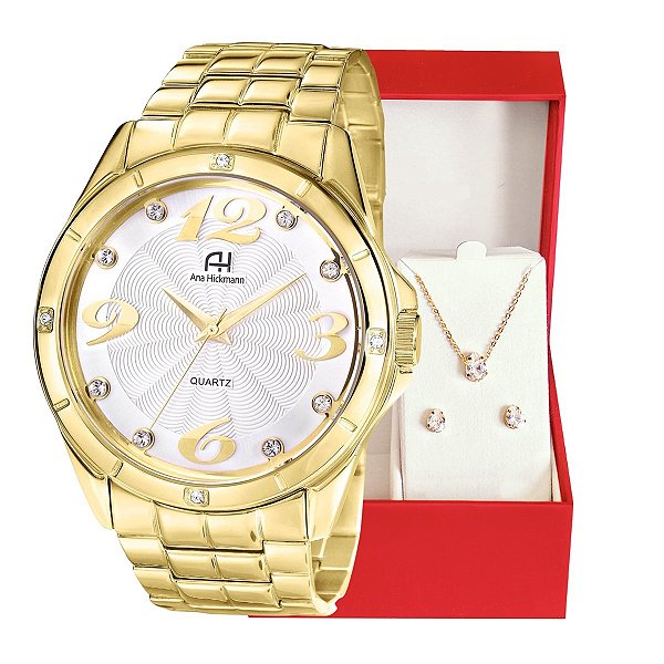 Relógio Feminino Ana Hickmann Dourado Analógico Aço Inox Cristais AH28606H Colar e Brincos