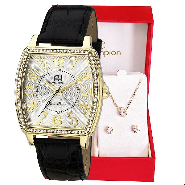 Relógio Feminino Champion Ana Hickmann Analógico Couro AH20006B Kit Colar e Brincos