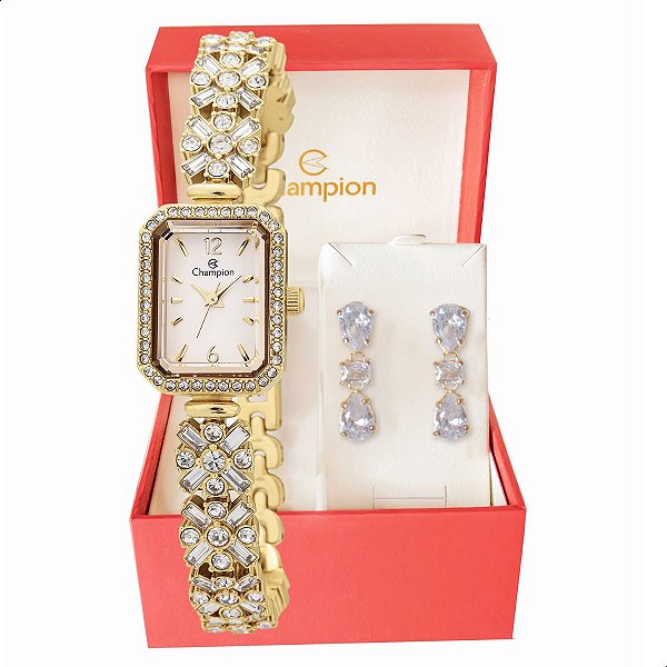 Relógio Feminino Champion Dourado Pequeno Luxo CF24715H + Brincos