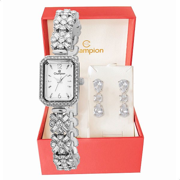 Relógio Feminino Champion Prata Pequeno Luxo CF24715Q + Brincos