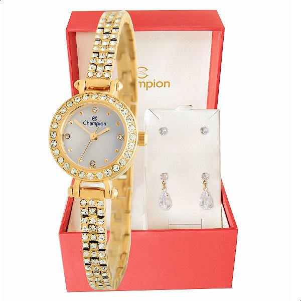 Relógio Feminino Champion Dourado Pequeno Luxo CF25072H + Brincos