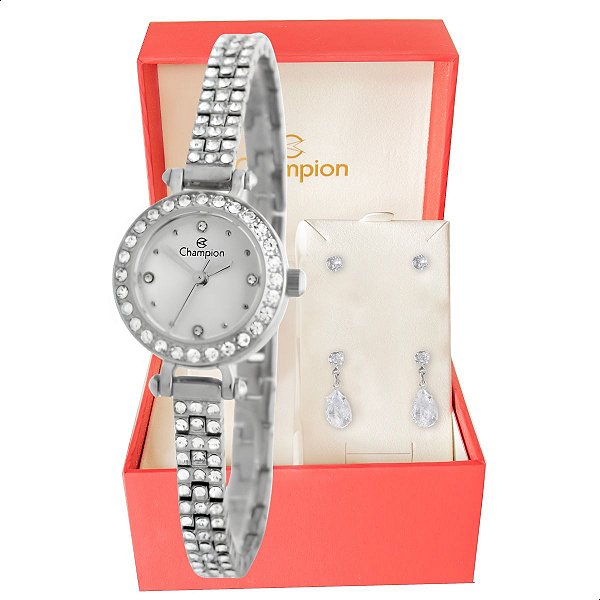 Relógio Feminino Champion Prata Pequeno Luxo CF25072Q + Brincos