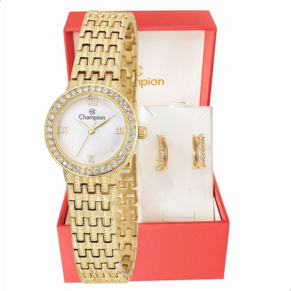 Relógio Feminino Champion Dourado Pequeno Luxo CF25312H + Brincos