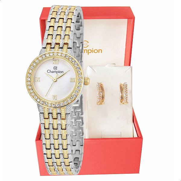 Relógio Feminino Champion Bicolor Pequeno Luxo CF25312S + Brincos