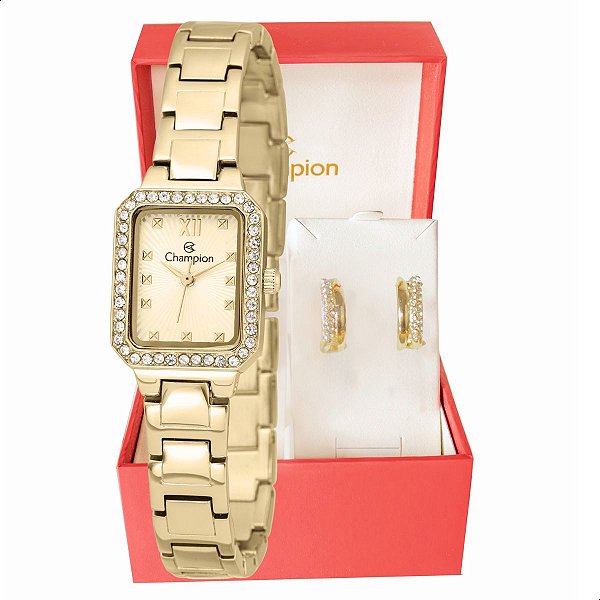 Relógio Feminino Champion Dourado Pequeno Luxo CF25465G + Brincos