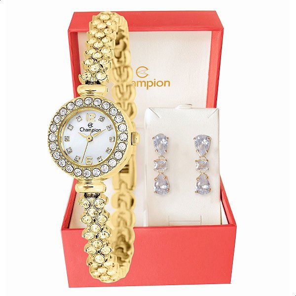 Relógio Feminino Champion Dourado Pequeno Luxo CF25536H + Brincos