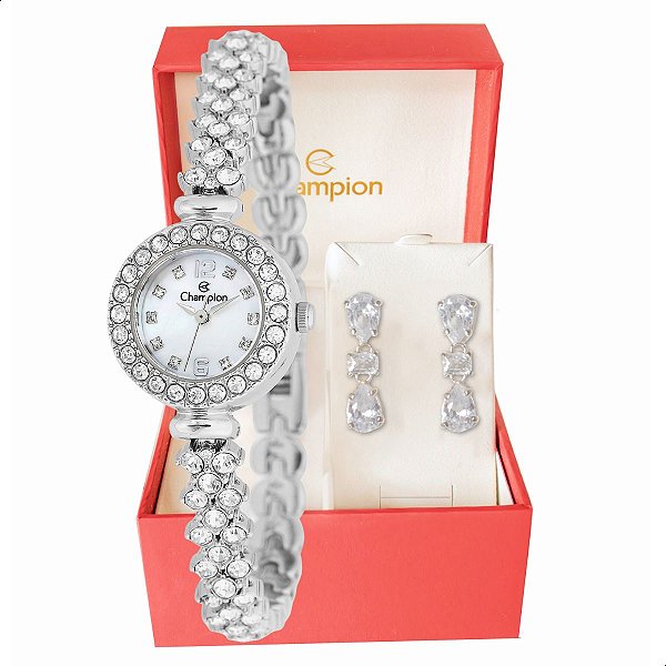 Relógio Feminino Champion Prata Pequeno Luxo CF25536Q + Brincos