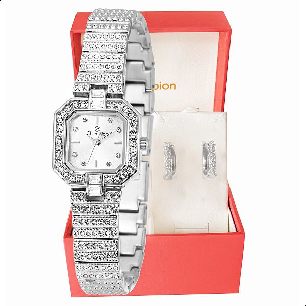 Relógio Feminino Champion Prata Pequeno Luxo CF25769Q + Brincos