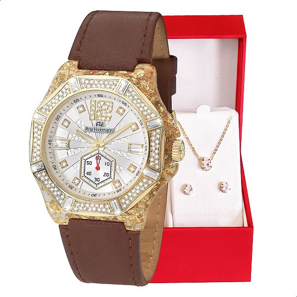 Relógio Feminino Champion Ana Hickmann Couro Cristais AH20097B Colar e Brincos