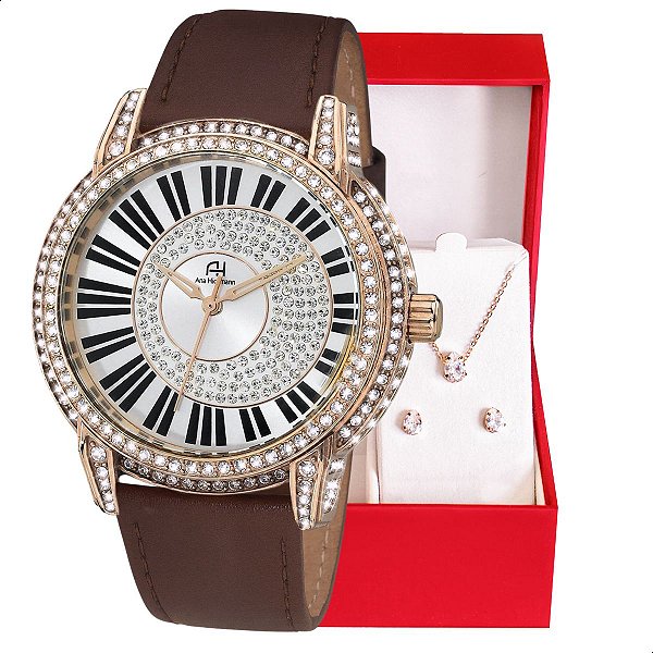 Relógio Champion Ana Hickmann Rosé Couro Marrom AH28151Z Colar e Brincos