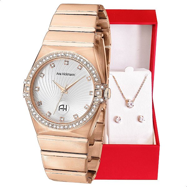 Relógio Champion Ana Hickmann Analógico Rosé AH28188Z Kit Colar e Brincos