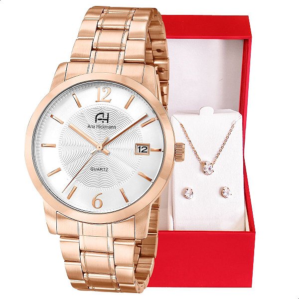 Relógio Feminino Champion Ana Hickmann Analógico Rosé AH29016Z Calendário Colar e Brincos
