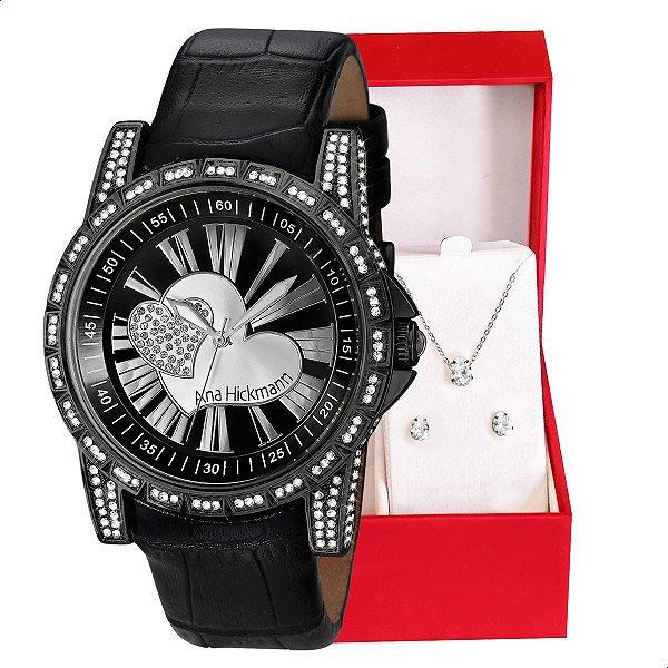 Relógio Feminino Champion Ana Hickmann Couro Preto AH28366T Colar e Brincos