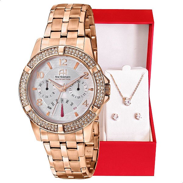 Relógio de Pulso Feminino Ana Hickmann Rosé AH30255Z Colar e Brincos