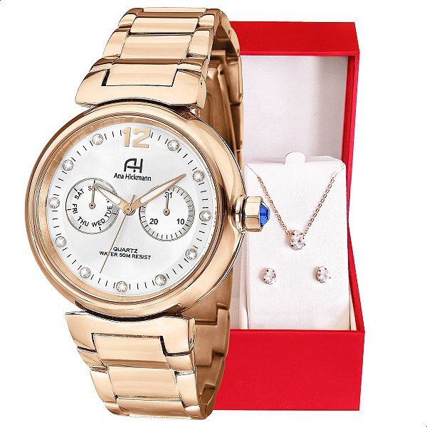 Relógio Champion Ana Hickmann Feminino Rosé AH30175Z Kit Colar e Brincos