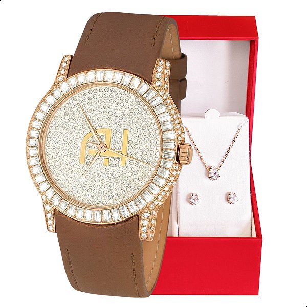 Relógio Champion  Ana Hickmann Feminino Couro Marrom Cristais AH28393B Kit Colar e Brincos