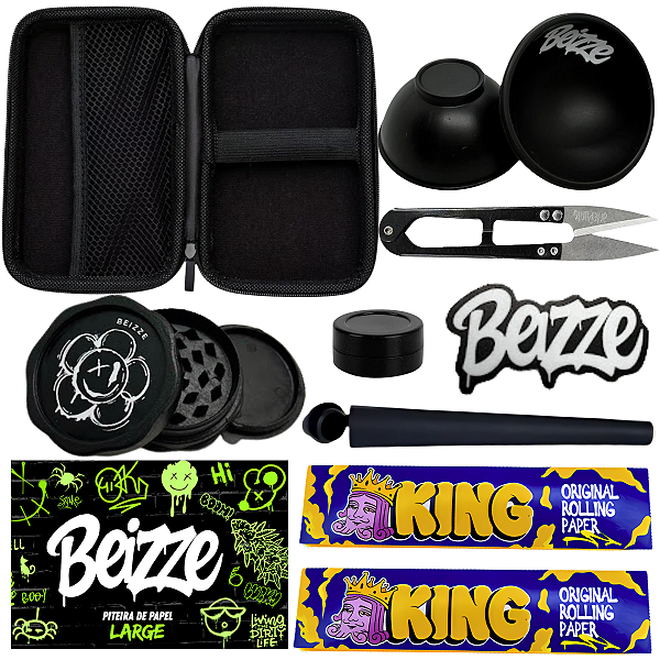 Kit Tabacaria 9 itens Cuia Dichavador Slick Seda Piteira Tubete Tesoura Preto