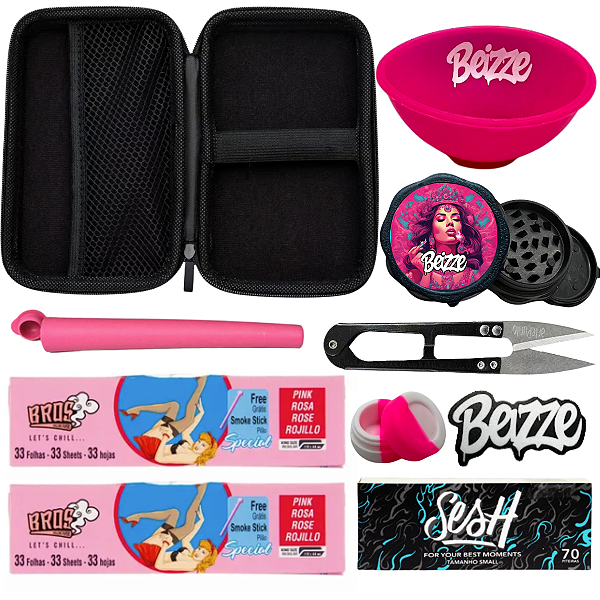 Kit Tabacaria 8 itens Cuia Dichavador Slick Seda Piteira Tubete Tesoura Rosa