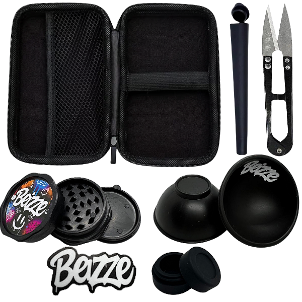 Kit 6 itens Tabacaria Beizze Cuia Dichavador Slick Tubete Tesoura Preto e Rosa