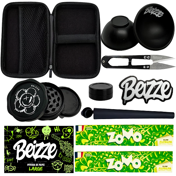 Kit Tabacaria 9 itens Cuia Dichavador Slick Seda Piteira Tubete Tesoura Verde