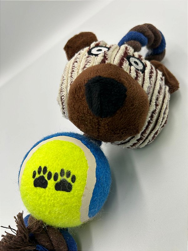 Brinquedo para Pet Cão Pelúcia com Bola e Cordão Azul