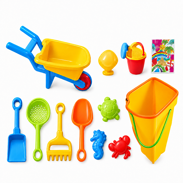 Brinquedo Conjunto de Praia Infantil com Balde, Carrinho e Acessórios