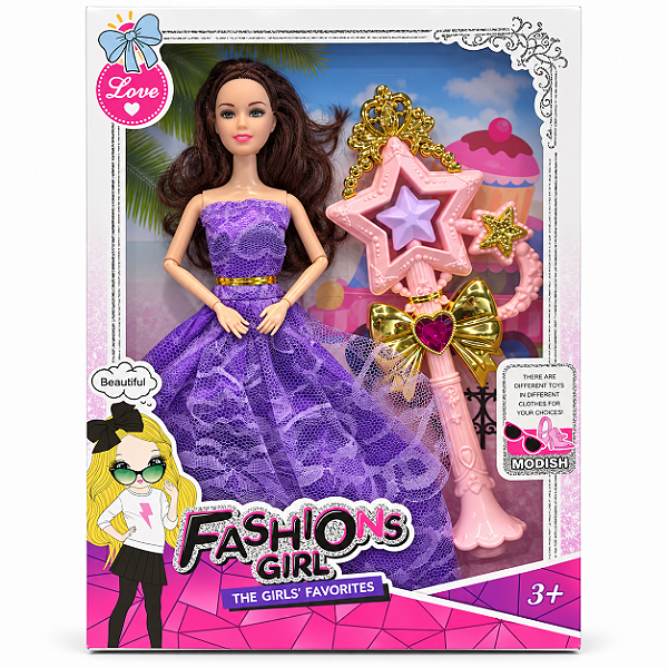 Boneca Fashion Girl Morena c/ Vestido Roxo
