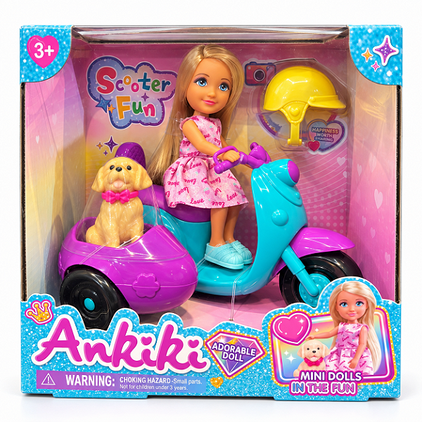 Boneca Anikiki c/ Scooter-Cachorrinho-Sidecar e Capacete