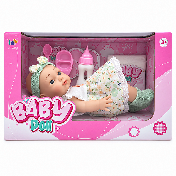 Boneca Bebê 30 cm com Mamadeira Prato Colher e Fralda