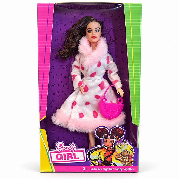 Boneca Fashion Beauty Girl com Vestido Felpudo e Bolsa