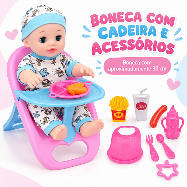 Brinquedo Boneca Bebê 30cm Com Cadeirinha E Acessórios