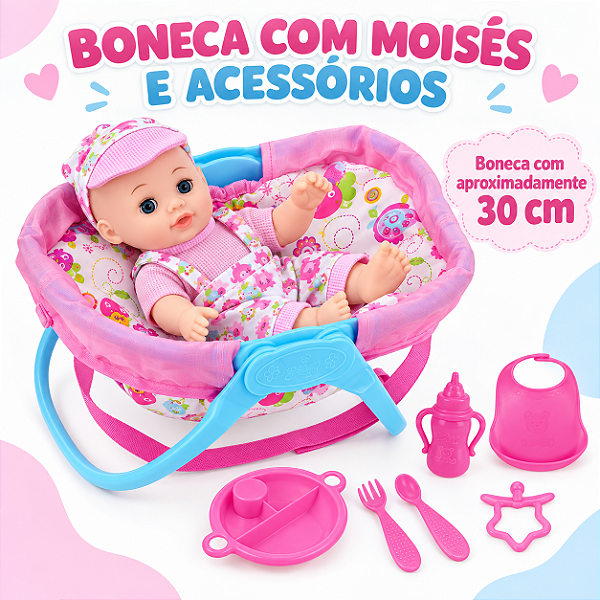 Brinquedo Boneca Bebê 30cm Berço 4 em 1 e Acessórios