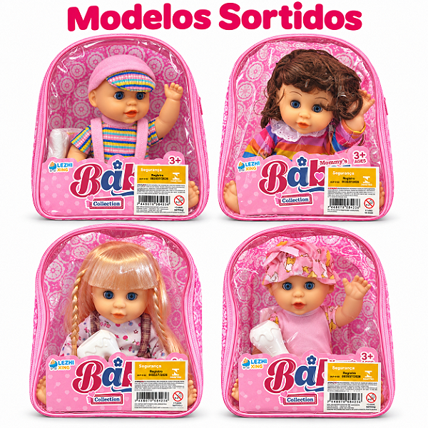 Boneca c/ Mochila Mamadeira e Fralda - Modelos Sortidos
