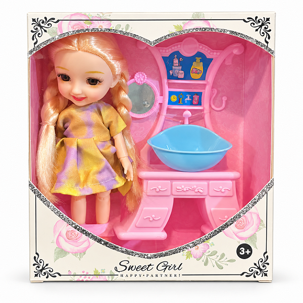 Mini Boneca Sweet Girl com Pia e Acessórios de Banheiro