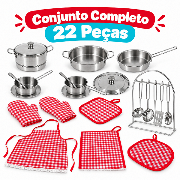 Brinquedo Kit Cozinha Infantil em Aço Inoxidável 22 Peças