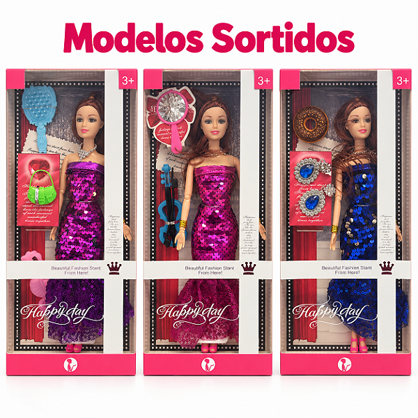 Boneca Fashion com Acessórios e Vestido Paête - Modelos Sortidos