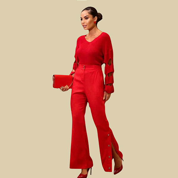 Calça em Viscolinho com Fenda Lateral, botões e elástico na cintura