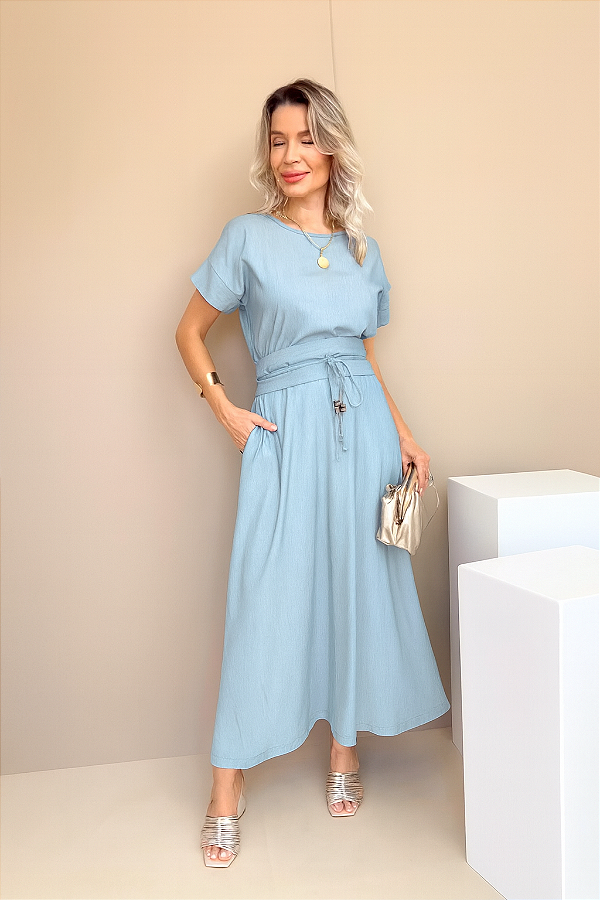 Vestido Azul Claro em Malha Chambre