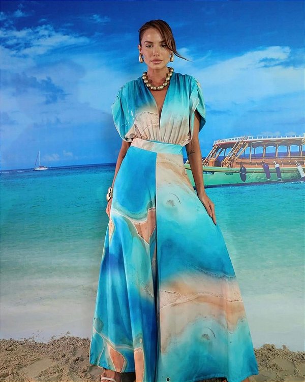 Body Oceano Chic _Estampado Azul com Decote V (Tamanho G)