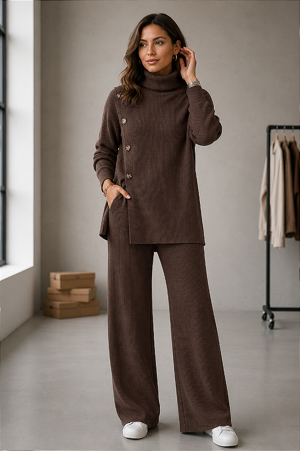 Conjunto Feminino em Tricô Canelado com Botões Laterais Marrom
