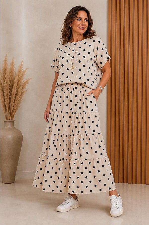 Conjunto Poá Blusa e Saia Longa Fluida Nude e Preto - Viscolycra
