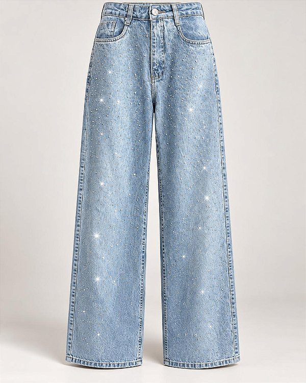Calça Jeans Reta com Aplicação de Strass Pontos de Luz
