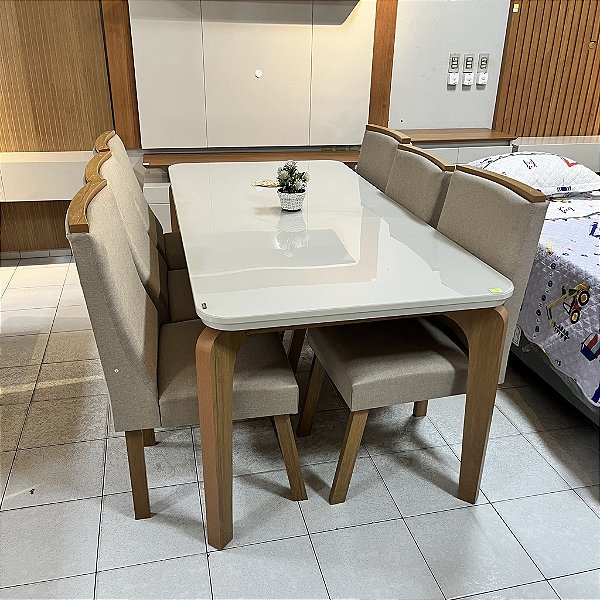 MESA LONDRINA 180 TP MDF VIDRO/CANTO COPO 6 CAD DAKOTA LUXO - TURIM 07 OFF WHITE/NATURALE SERIG. OFF WHITE